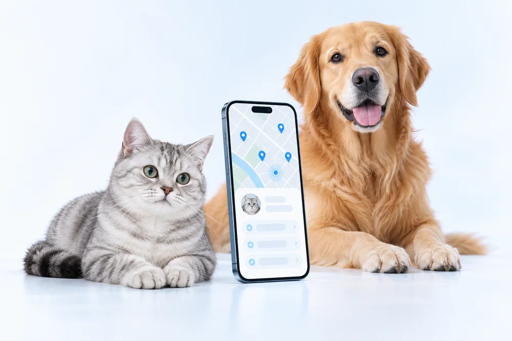 Кошка, собака и смартфон с картой ветеринарных клиник